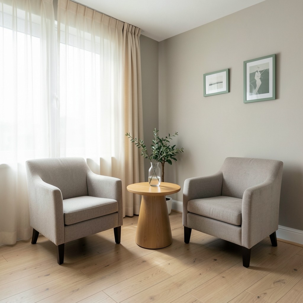 Ruhiges Gesprächszimmer mit zwei Sesseln und Tageslicht