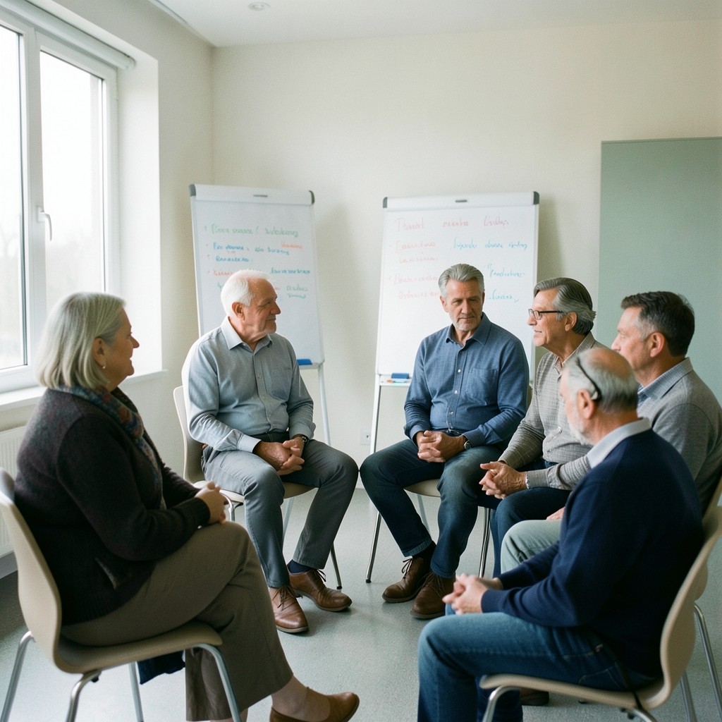 Kleine Gruppe Erwachsener in einer hellen Seminarrunde